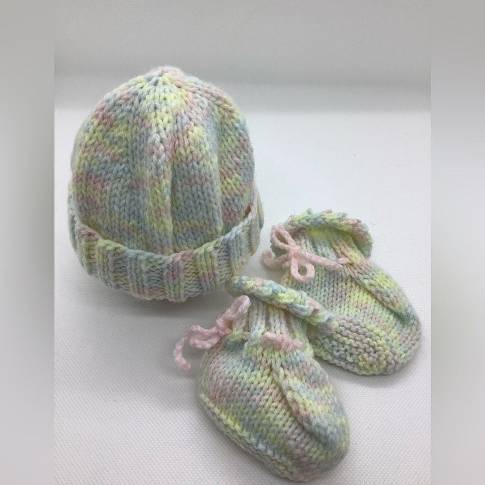 Hand knitted Baby Booties and Hat Pastel Rainbow Colours